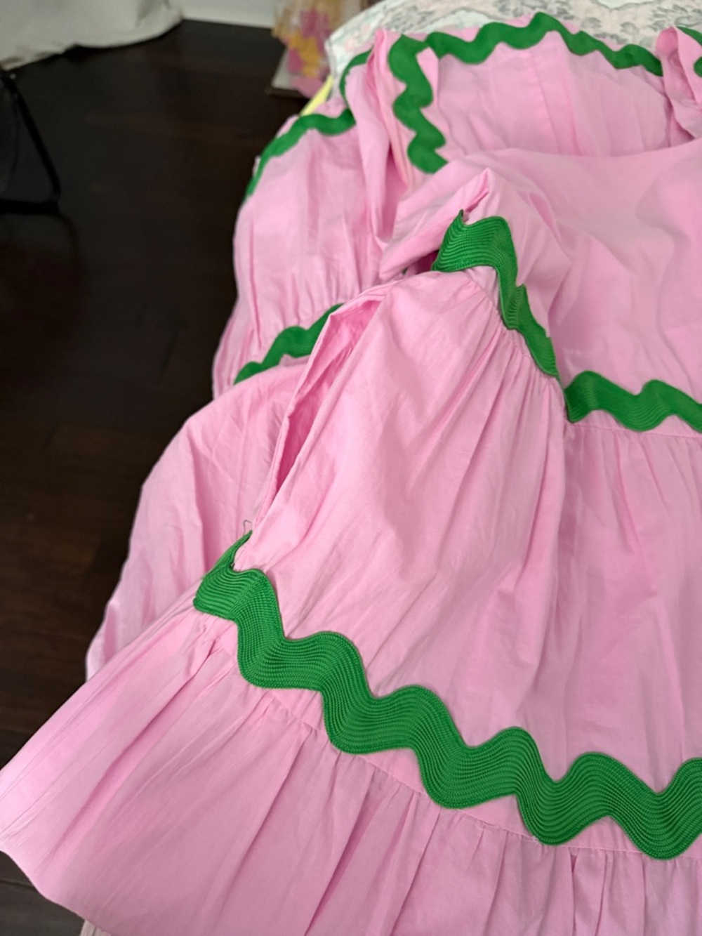 Women's Pink Maxi Dress with Green Trim - Sleeveless Summer Tiered Gown - Picture 4 of 8